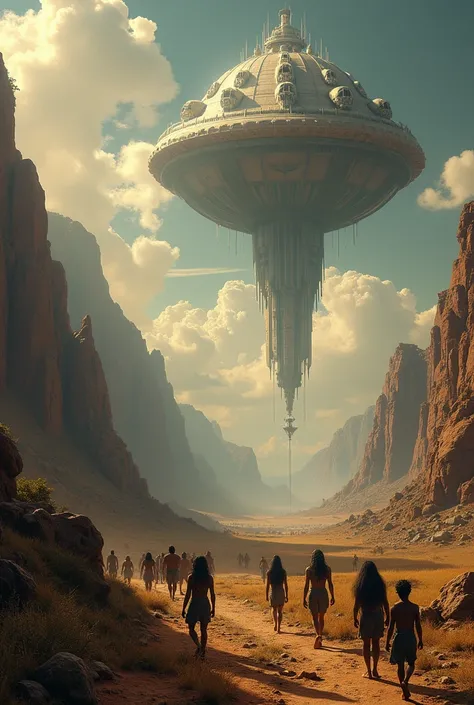 An ancient Earth landscape, with Tengri-Tengri beings stepping out of their spaceship. The scene is dramatic, with primitive humans observing the advanced aliens in awe. The ship hovers in the sky with a radiant glow.