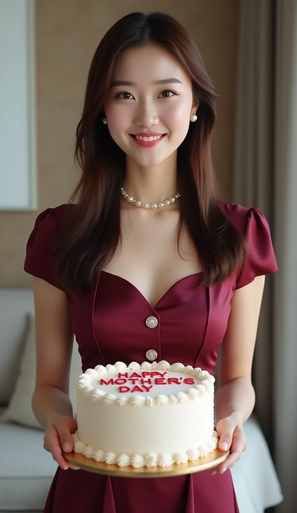  a beautiful Korean woman with straight long hair in a neat tie .  Wearing an elegant dress in Maroon color satin with beautiful pearl decoration on the dress . wear an elegant little pearl necklace ,  Standing full body in a room carrying a cake that says...