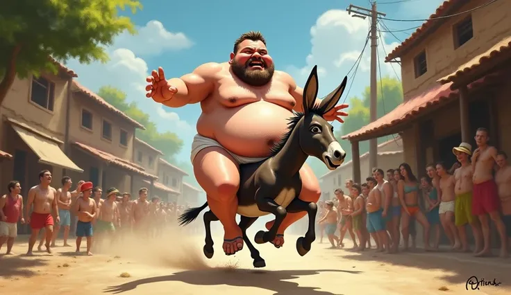 A fat man wearing underwear , riding on donkey running 