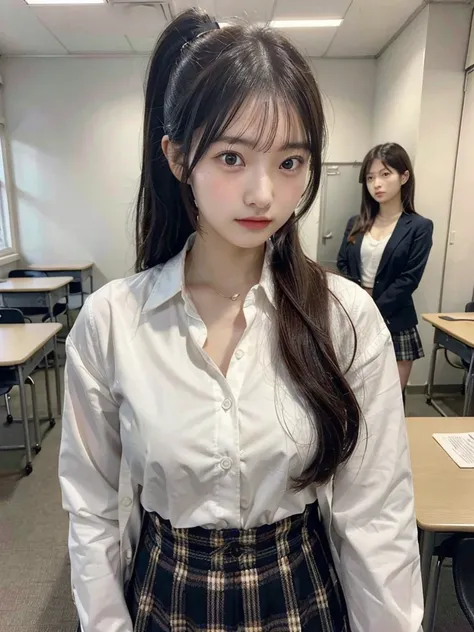 Real photo,  4 young looking Japanese teenage girls、 with a cute innocent frightened expression ,  slimmer body in a building, and big, plump breasts , In the classroom,  buttons on their shirts ２Remove 、The front is open、 blazer、 check skirt, A plump look...