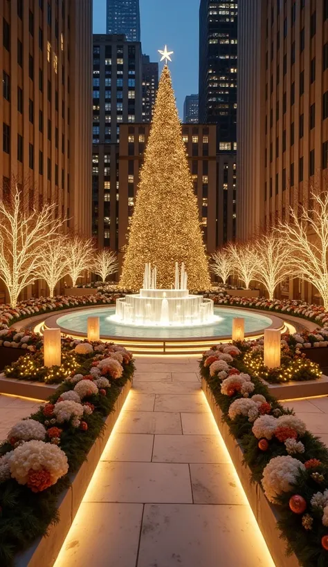 A drone view of Park Plaza in New York, Manhattan decorated for a christmas wedding. Beige, golden, 