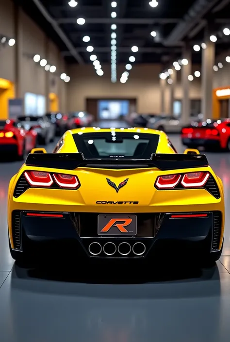 "Generate a BACK PROFILE photorealistic image showcasing the full rear view of the original model replica of the Chevy Corvette C7 Z06 in the vibrant Corvette Racing Yellow color. The car is prominently displayed in a big, spacious, and brightly lit luxuri...