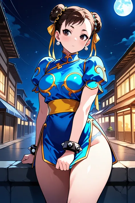 masterpiece,  top quality , 32K,  high res,  absurd, medium breasts, (Curvy), cute,   short skirt, Panty flashing, underwear,  See-Through Bras ,  glitter, night, night景, moon, The cracks are clear,  Street Fighter, Chunli, Battle