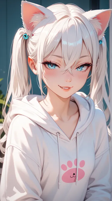 Tiny girl,Accurate, Detail, High Details, Hair Between Eyes, Long Hair, White Hair, small breasts,Cat Ears, Blush, naughty face white hoodie,Twintails, 