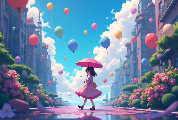 Anime girl with an umbrella walking down the street with colorful balloons,  beautiful artwork illustrations ,  anime art wallpaper 8K ,  anime art wallpaper 4k ,  anime art wallpaper 4K ,  beautiful anime artwork,  Shinkai Makoto Cyril Roland , by Yuumei,...