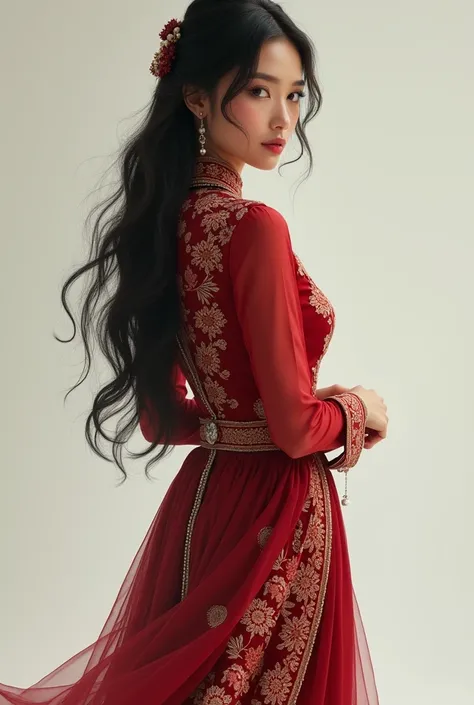 a beautiful Indonesian girl (20 years old, full body, long hair) wearing formal random kebaya dressed (very very very super realistic, look from back) with long batik super pencil-skirt style (with very super juicy sexy ass)