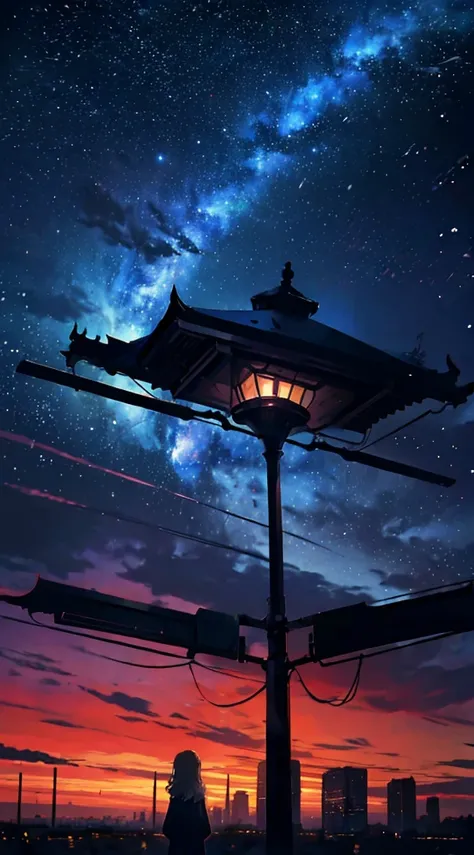 １people々々々々々々々々, blonde long hair ， Long Coat， silhouette， Space Sky,  Milky Way,  anime style, lamp post,  on top of the hill，Overlooking the city，Winter Scenery，Snow Scene，