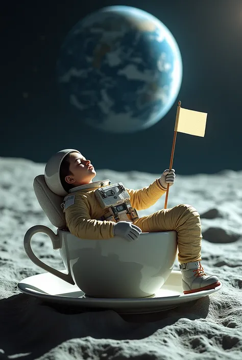 , the astronaut sleeps in a cup of coffee, In hand holding the ,  flag on the moon, 