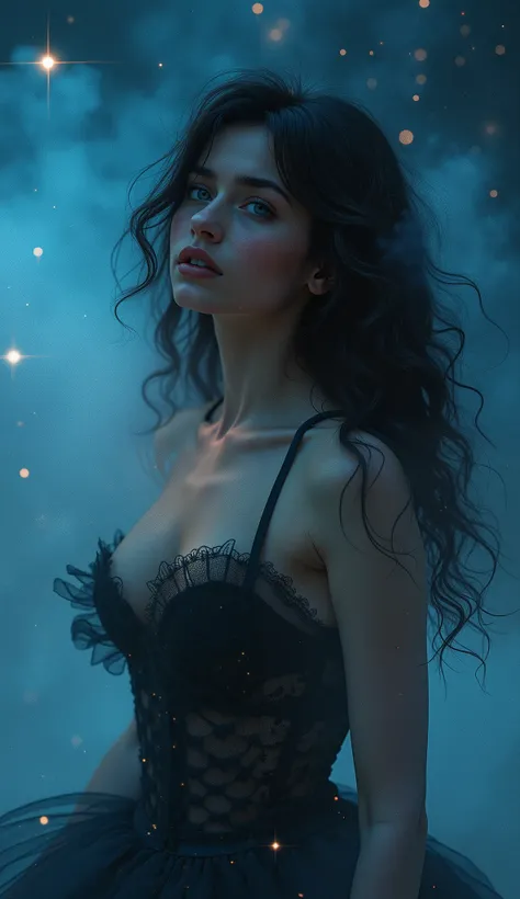 bright star lights and milky-way in the mysterious skies, Very bright light on face and chest, ((full body shot)) ,bright frontlighting, A femme fatale lost in thought, Realistic, Hyperrealism, lifelike photography pushed to extreme reality, surrounded by ...