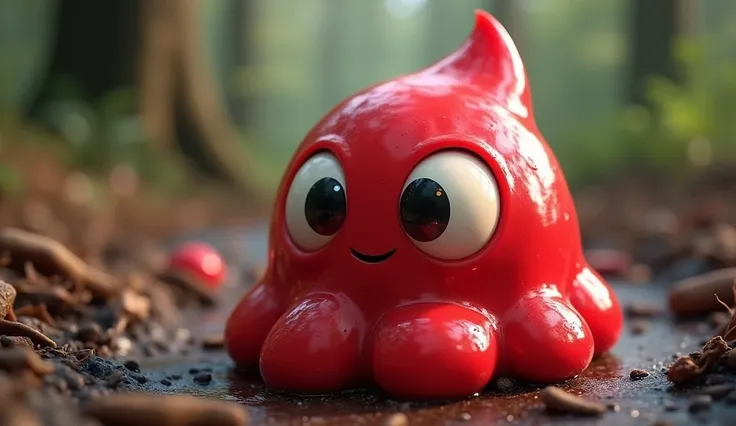 
「 red slime character。Overall red, shiny, and 、in rounded shape,、Sharp tip。Large round eyes and the natural environment where 、 metal-colored slime character with a simple smile that seems stiff overall 、１Body only、 One、 real、 realistic 