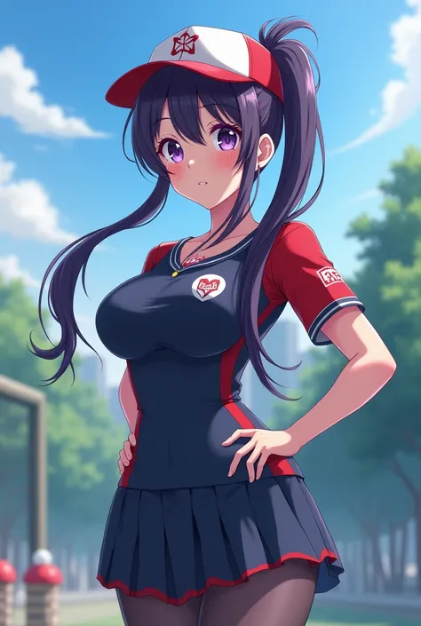 Japanese animation style、 high school girl、Wearing a tight uniform、 Baseball Cap 、 Practice Area、Dark Purple Long Hair、single ponytail、 purple pupils、 full breasts 、From Taiwan、Christmas