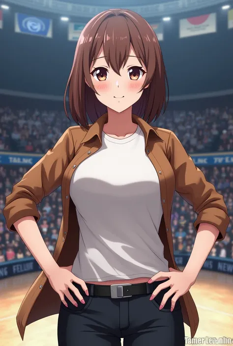 
"Create an image of a woman with shoulder-length brown hair, wearing a plain casual t-shirt and an open brown shirt, hands on her hips. The background should show a modern fighting arena with many spectators, with the text Tamer Leveling at the bottom. Th...