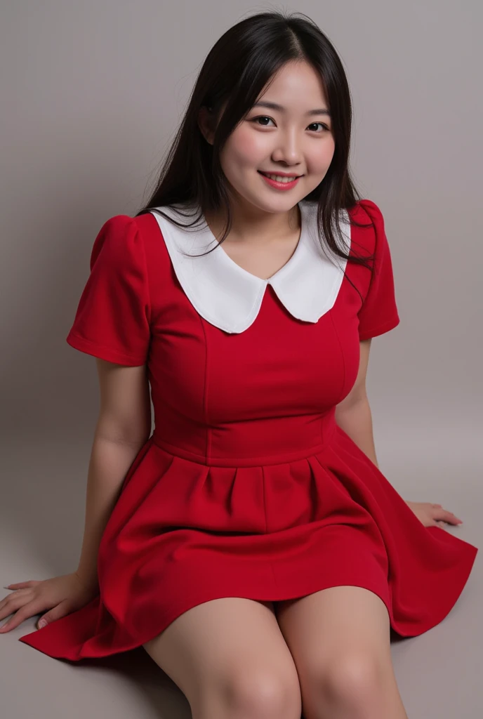 (masterpiece,  top quality :1.2), (reality:1.5), ( realistic , photo  realistic :1.5),  One girl , Alone, 18 years old,  very short, Short torso,  long hair,  chubby body, Big Breasts, Thick Ass, Slim waist, ( red dress with white collar  :1.5, white party...