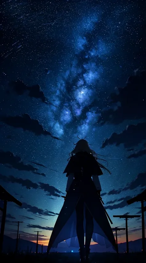 １people々々, blonde long hair ， Long Coat， swords， silhouette，  rear view，Space Sky,  Milky Way,  anime style, snow，snowの街並み，辺り一面に舞う粉snow，