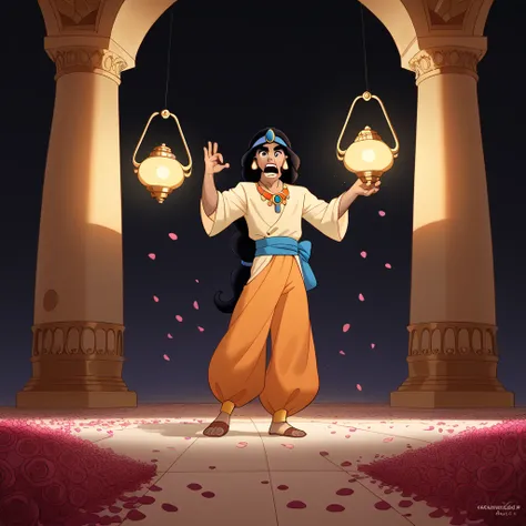  A magical and emotional scene set in a golden palace at dusk ,  with warm colors and a bright sky in shades of orange and purple . Aladdin, a dark-haired young MAN wearing simple but elegant clothes,  holds the magic lamp up ,  while a golden light shines...