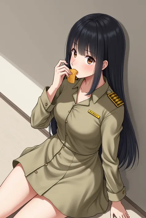 Korean female long straight hair with bang wear long sleeve button shirts Khaki colour has military insignia on shoulder Unbottoned collar Skirt khaki colour lying on floor eating by both hands 