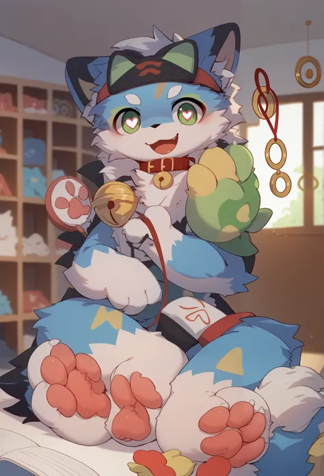   very detailed, very detailed,  blue fur gray hair ,Brown Hair,,male,骨 を見て excited,Heart Eye,participate,Hypnosis,brainwashing,Pets,green,white, and colorful hat ,  cute face, sitting！, connect the collar and leash,,Black Ear ,fur for boys ,  like fluffy ...