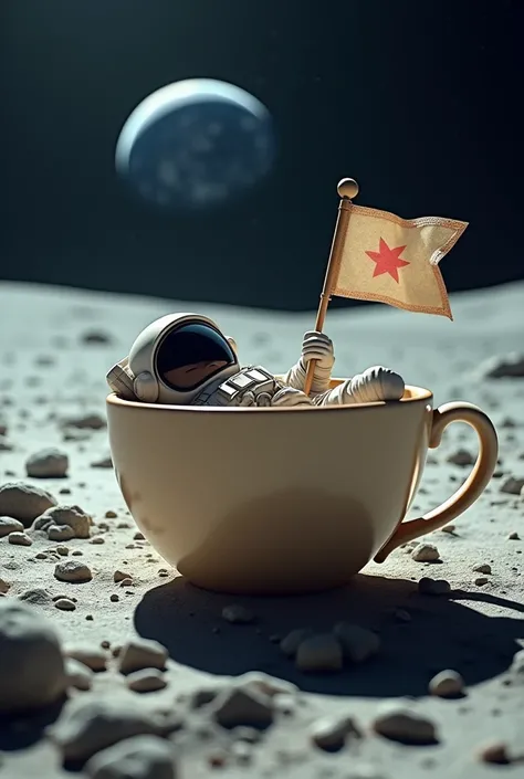 , the astronaut sleeps in a cup of coffee, In hand holding the ,  flag on the moon, ,  adult 