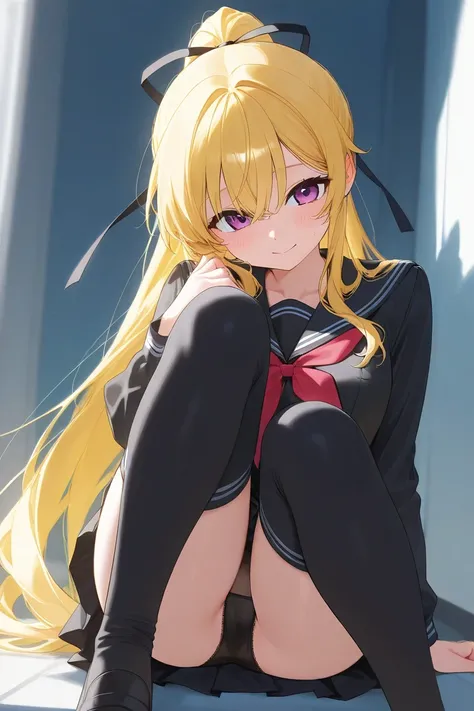 Yellow Hair　　 ponytail　 black panties　　thigh-high knee-high socks　 high school girl　see-through black uniform　　