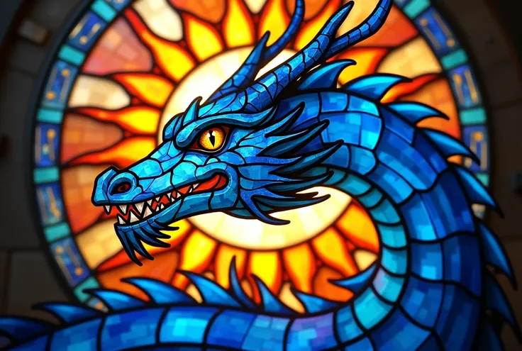 a close up of a  stained glass  dragon with a sun in the background,  stained glass  art,  fire stain glass  ,  stained glass , maxim verehin  stained glass , glowing  stained glass  backdrop,  stained glass !!, Detailed Color, Blue Dragon,  stained glass ...