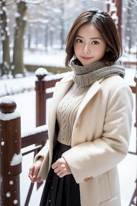 (8k, RAW photo, photorealistic, HQ, masterpiece), a cute Japanese girl,(glowing eyes), 
(light smile:0.4), brown hair, fluffy Pixie Bob hair, large breasts, (Stylish winter outfits, Scarf, coat, long skirt), 
standing pose, Seductive pose, (Snow continuing...