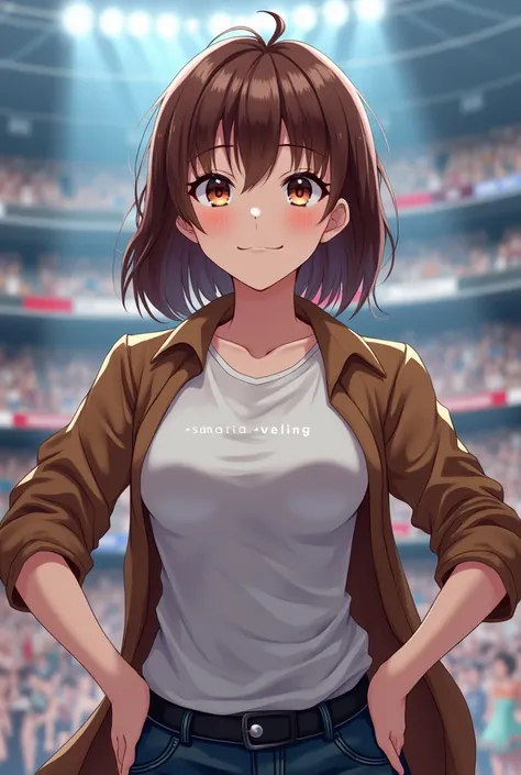 
"Create an image of a woman with shoulder-length brown hair, wearing a plain casual t-shirt and an open brown shirt, hands on her hips. The background should show a modern fighting arena with many spectators, with the text in the center as the book title ...