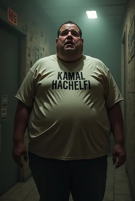 A person with a fat body has Kamal Hachelfi written on his shirt and he is afraid of being tortured