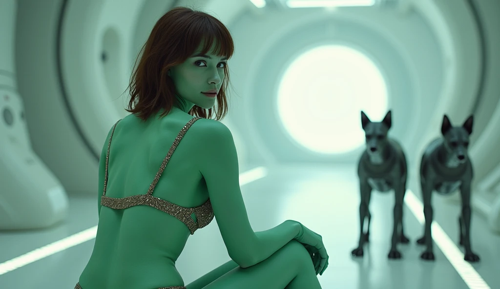 The image is a striking image of a female figure with a body painted green, sitting on the gray floor of a futuristic space station. She has shoulder-length brown hair and looks over her shoulder with a slight smile. Her expression is relaxed yet wary, she...