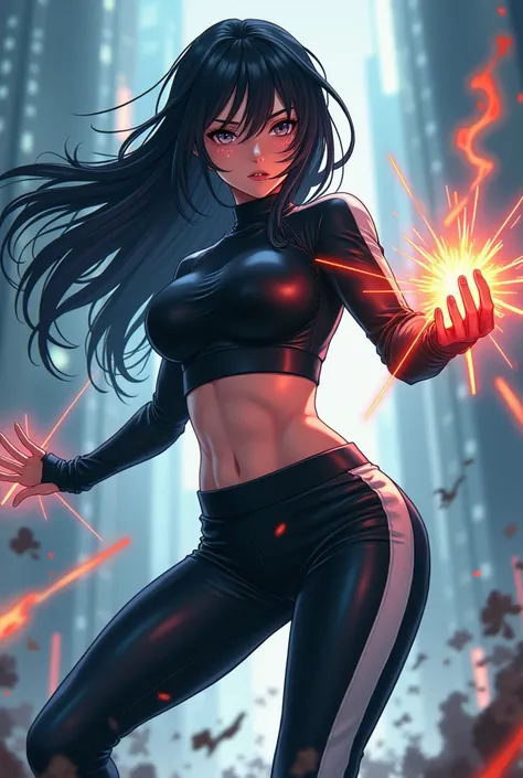 Anime police female wearing black white track pants with very long black hair fighting at police station 