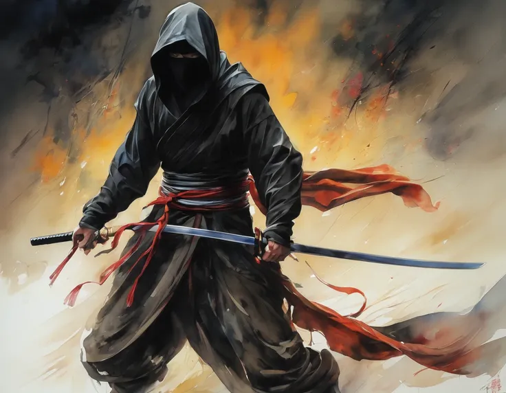 masterpiece,best quality,Watercolor,Alone,tall and thin ninja character,(wearing minimal ninja armor,scarf,Masked,soft cloth,sleek,reflective fabric on the armor,matte cloth for the scarf),tatami, stand on one knee and crouch,Drop your gaze on the floor ,s...