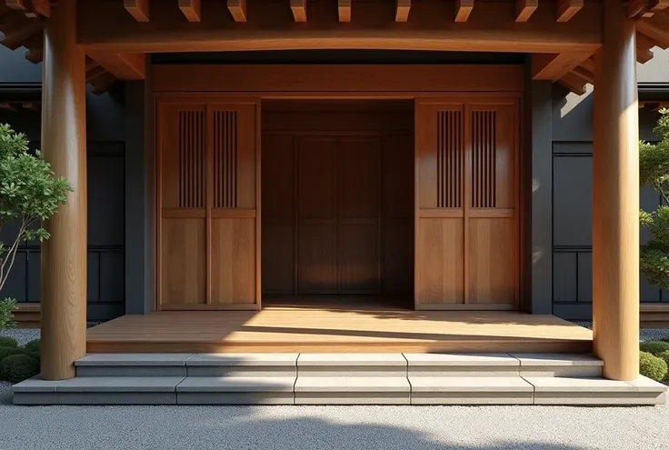 Create a highly realistic photograph focusing on the entrance porch of a traditional Japanese house. Highlight the polished round wood pillars and beams supporting the porch, showcasing the natural wood grain harmonizing with the sophisticated dark-toned e...