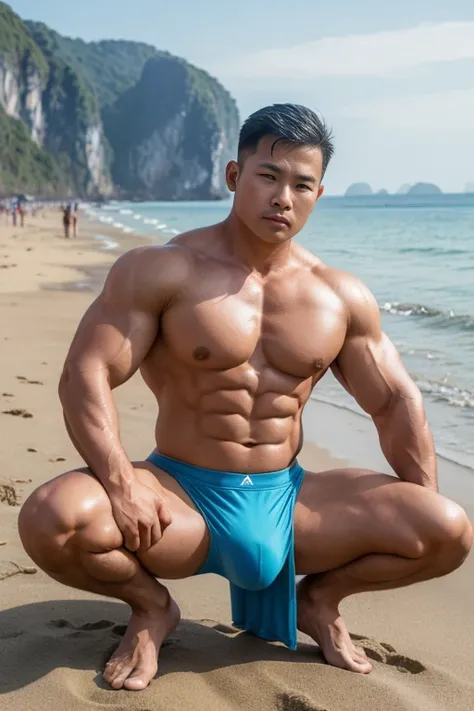 full photoshot of a actractive vietnamese officer male squatting on the beach, (wearing  tiny thongs ), big bulges, fit body, kneel down on the beach and many male looking at in background, Masterpiece，8K, (  big bulges focus: 1.6 ), (dynamic pose, dynamic...