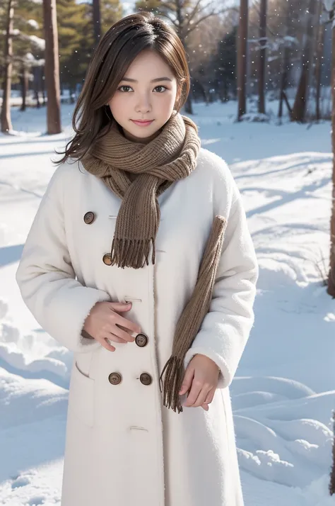 (8k, RAW photo, photorealistic, HQ, masterpiece), a cute Japanese girl,(glowing eyes), 
(light smile:0.4), brown hair, fluffy Pixie Bob hair, large breasts, (Stylish winter outfits, Scarf, coat, long skirt), 
standing pose, Seductive pose, (Snow continuing...