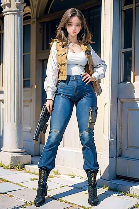  Perfectly Anatomically Correct Body , Perfect Hand, perfect fingers, (masterpiece,  High Quality ,  high definition ,  Golden Ratio ,  movie lighting, 8k), (((Full body))), ((The ultimate beautiful woman with a rifle))、 ((( military jacket、Military Pants、...