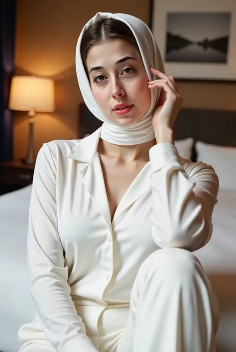 a woman wearing sexy royal white silk pajamas, beautiful detailed eyes, beautiful detailed lips, extremely detailed face, longeyes lashes, elegant posing, bedroom interior, luxurious bedding, warm lighting, (best quality,4k,8k,highres,masterpiece:1.2),ultr...