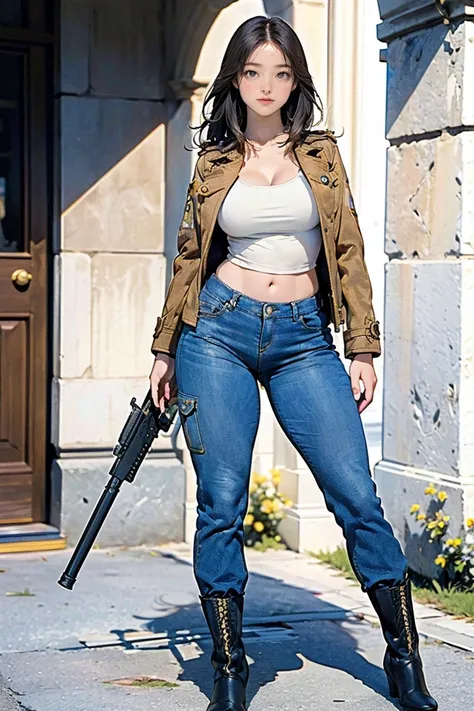  Perfectly Anatomically Correct Body , Perfect Hand, perfect fingers, (masterpiece,  High Quality ,  high definition ,  Golden Ratio ,  movie lighting, 8k), (((Full body))), ((The ultimate beautiful woman with a rifle))、 ((( military jacket、Military Pants、...