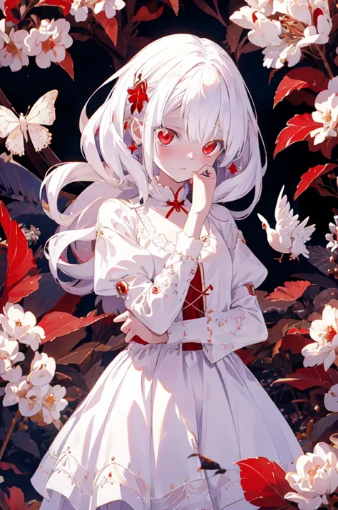  beautiful illustrations,  top quality ,  cute petite girl , (Transformation scene),  magical girl who transforms , Chibi,  White Magical Girl ,  fractal art , albino,  baby face , long pure white and red mesh hair,  red eyes with beautiful details,  cinem...