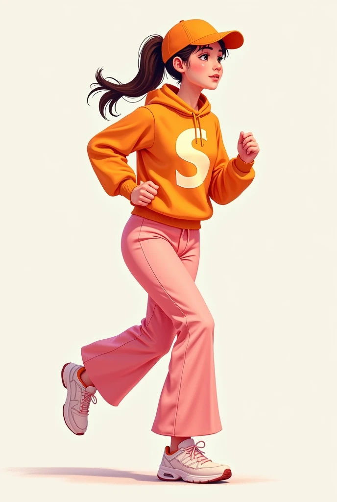  1, 78 Atlético with tied brown hair, Rosa de cara ,  big brown eyes ,  small ears, small nose,  wide pants light pink workout suit , sweatshirt laranja com uma letra "S" Big rose,  running shoes , With an orange cap . 