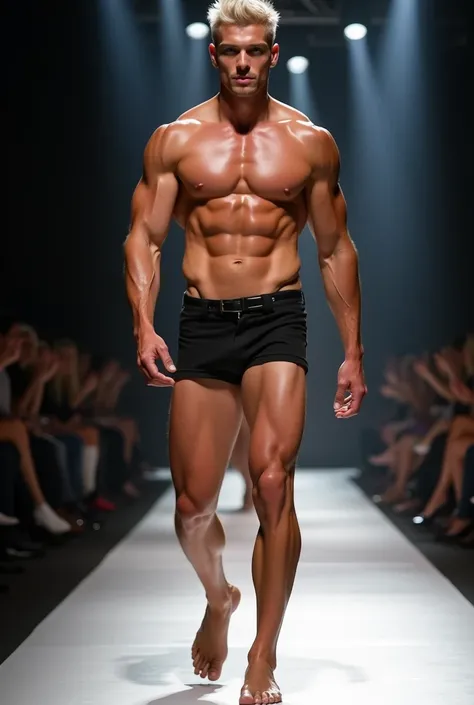 beautiful platinum blond 18 years old naked muscular male model, walks on fashion runway, wears mini skirt, blond looks in the front, front view, nude, legs open, tight ass