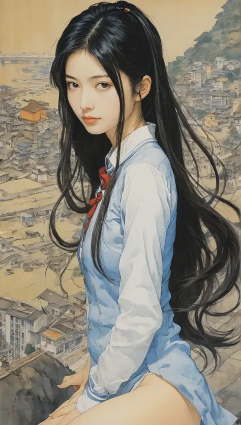 Naoki Urasawa、 beautiful girls、 top quality 、masterpiece、Ultra high definition、 Japanese 、[Jersey、 high school girl、 long hair、 black hair、 Japanese painting、8k