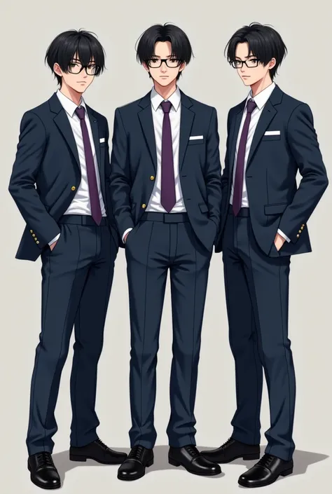 Japanese men in their late teens 、Slightly ish face、Fashion Glasses、  summarize hair that grows to the shoulders、 Navy Blue Suit、 A purple tie 、Black leather shoes、Full body portrait