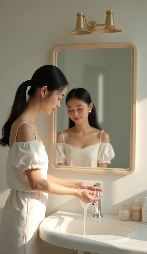  a beautiful Indonesian woman with clean skin,   is 25 years old,   straight hair in pigtails ,   washing her face in the bathroom sink , there is a sink mirror , sunny morning . 