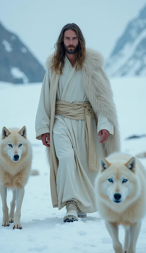 Jesus caminando  en un platón de nieve with  blue eyes, inspired by Martin Schoeller, Jesus Christ, max rive, jake gyllenhaal, enlarged, wolves white y ovejas, en la nieve 