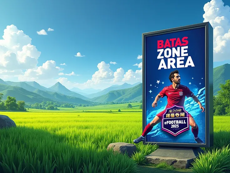 make me design banners for my place of business, a PS3 rental, which is located in the middle of rice fields, the name of my rental is the batas zone area. and make a picture of efootbal 2025 below the zone area batas writing design