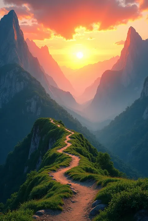 A panoramic view of a sunrise over a green majestic mountain range. Animation of footsteps appearing on the mountain trail, symbolizing progress. 