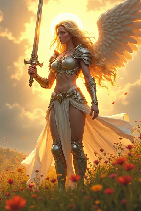 buff female sun themed angelic summer paladin with golden hair wearing silver armor and a glowing silver sword with a cherubic face standing in a lush sunny field with colorful spring wildflowers