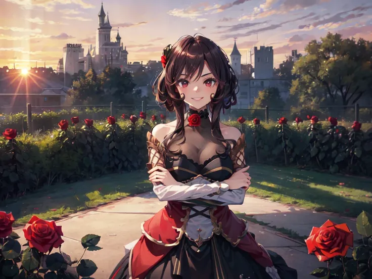 (Solo:2), (Young Woman:2), (Big Head, Very Large Breasts), (Smiling, Showing Gums, Looking at Camera), (Swimsuit), (Red Rose Garden in Castle:2), (Sunset:2), (High Angle, Focus on Breasts), (Accurate Body Structure:2, Short Fingers:2, Short Arms:2), (Anime...