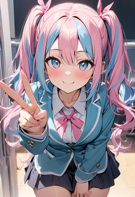 High Quality, Masterpiece, 1girl, middle school student, uniform, pink ribbon, light blue blazer, (pink and light blue two-tone hair), high twintails, look at viewer, smile,  peace sign,  pink rabbit plushie