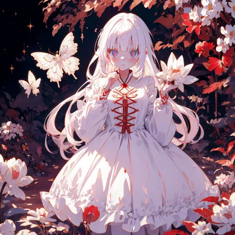  beautiful illustrations,  top quality ,  cute petite girl , (Transformation scene),  magical girl who transforms , Chibi,  White Magical Girl ,  fractal art , albino,  baby face , long pure white and red mesh hair,  beautifully detailed eyes,  cinematic l...