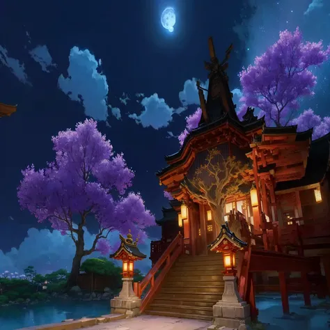  Animated Scene of a Japanese House with a Clock and Purple Tree , Onmyoji detailed art,   Mysterious Temple Setting Inspired by Takeshi Matsumura , night  moonlight, 神話のshrine, Japanese Temples, 日本のshrine,  Quiet twilight vibe , Beautiful screenshots, nig...